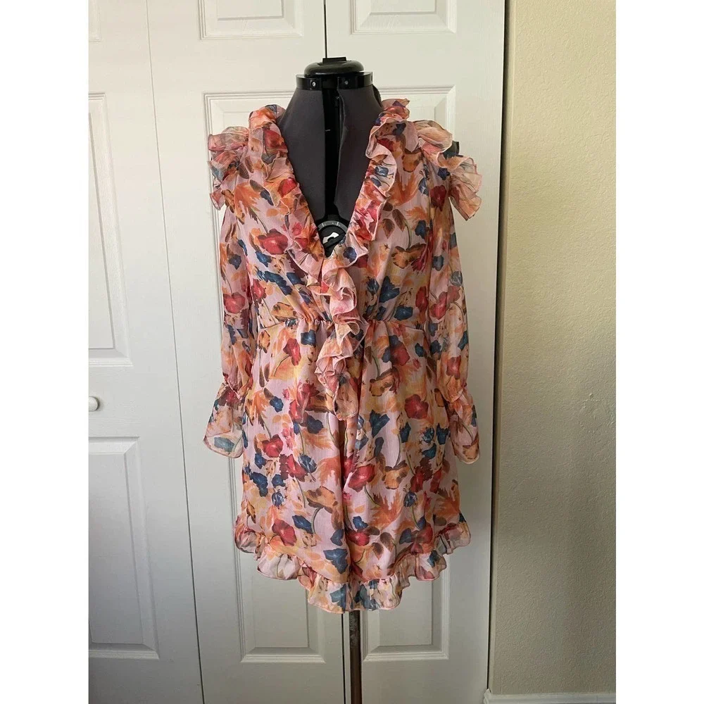 Aqua Pink Floral Cold Shoulder Butterfly Ruffle Open Back Romper • Size M 🗣